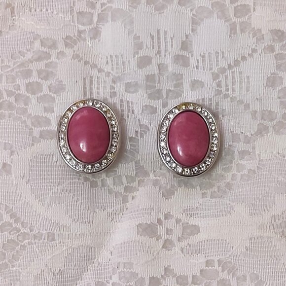 Vintage Genuine Pink Coral Clear Cubic Zirconia Silver Tone Oval Clip Earrings - Picture 4 of 8